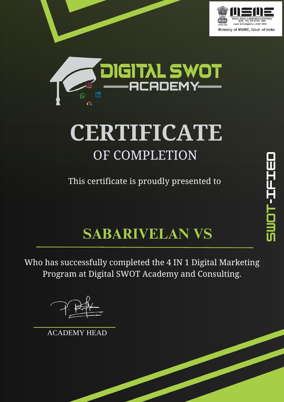 4 in 1 Digital Marketing Program certificate issued by Digital SWOT Academy and Consulting