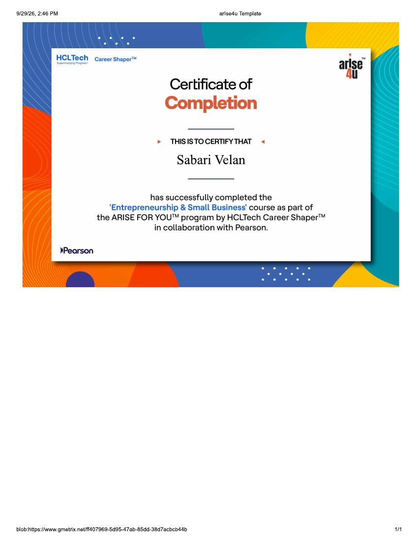 Entrepreneurship & Small Business certificate issued by HCLTech Career Shaper with Pearson