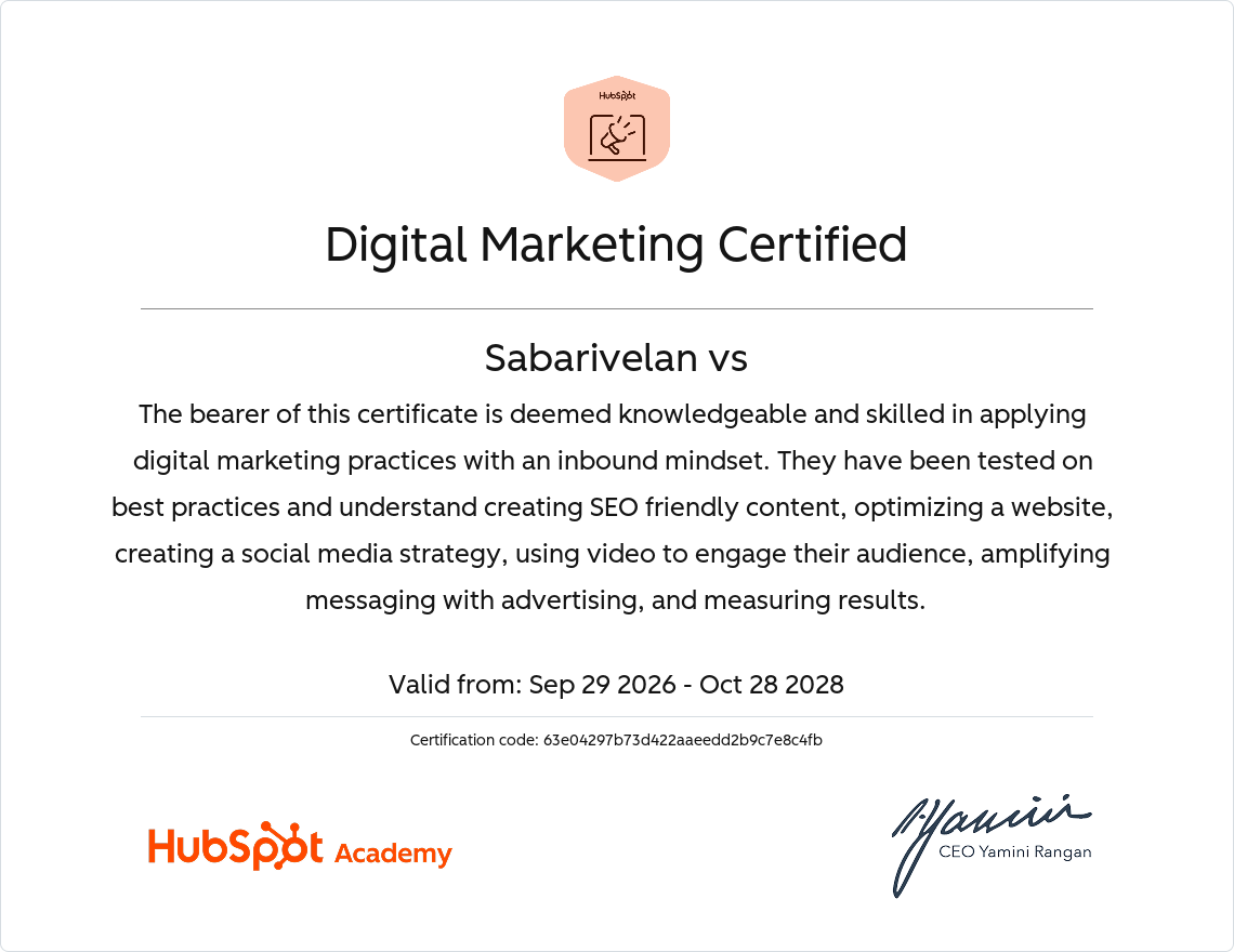 Digital Marketing Certified certificate issued by HubSpot Academy