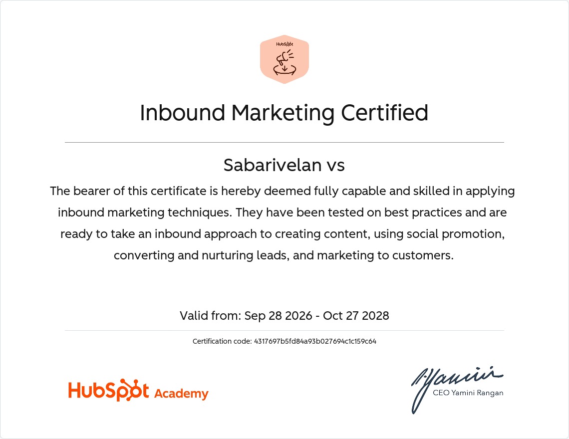 Inbound Marketing Certified certificate issued by HubSpot Academy
