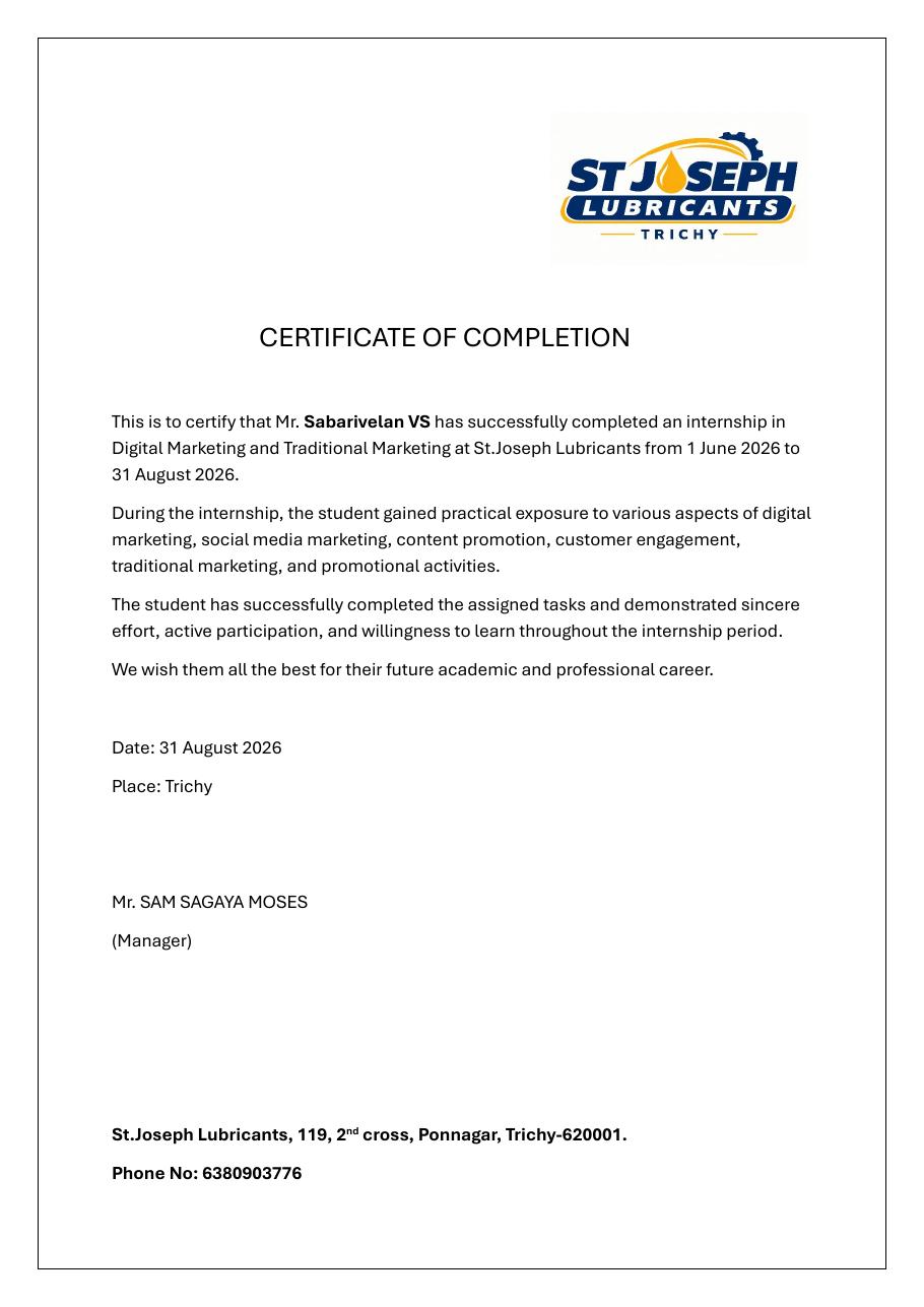 Digital & Traditional Marketing Internship certificate issued by St. Joseph Lubricants, Trichy